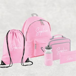 Conjunto personalizado de regreso a la escuela I Mochila con nombre personalizado para niños, niños y niñas, mochila esencial de regreso a la escuela, botella de agua, PE Baby Pink