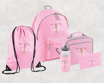 Conjunto personalizado de regreso a la escuela I Mochila con nombre personalizado para niños, niños y niñas, mochila esencial de regreso a la escuela, botella de agua, PE