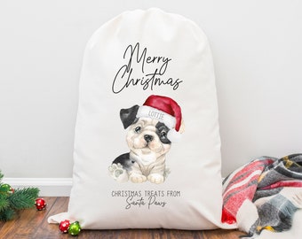 Bolsa de regalo de Navidad Bulldog Inglés personalizada / Media I Santa Sack, Bolsa de regalo de Navidad para perros, Regalo, Británico, Perro Bulldog, Bebé de piel, Cachorro