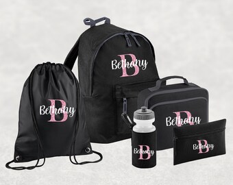 Conjunto personalizado de regreso a la escuela I Mochila con nombre personalizado para niños, niños y niñas, mochila esencial de regreso a la escuela, botella de agua, PE