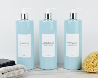 Mrs Hinch Inspired White Label Collection Reusable Light Blue 500ml Pump Bottles - Toiletries, Shampoo, Conditioner, Body Wash, Hand Wash