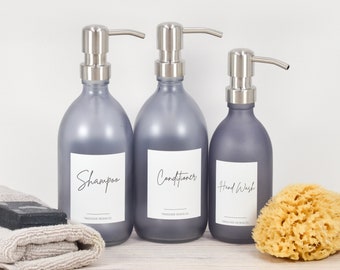White Label Collection 300ml/500ml FROSTED GREY Reusable Glass Lotion Pump Bottles - SCRIPT I Toiletries, Shampoo, Conditioner, Body Wash