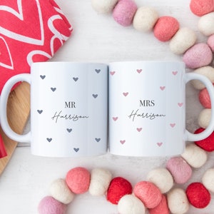 Personalised Mr and Mrs Mugs I Valentines Gift, Heart Names Mugs, Customised Couple Coffee Cups, Wedding Gift, Anniversary gift, Pair of Mug