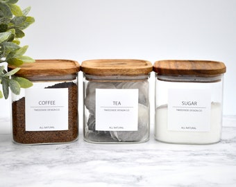 White Label Collection Reusable Eco Square Glass Jars with Acacia Wood Lids I  Pantry Goals, Organisation, Minimalist, Homeware, Glass Jar