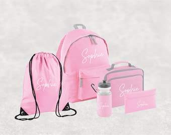 Conjunto personalizado de regreso a la escuela I Mochila con nombre personalizado para niños, niños y niñas, mochila esencial de regreso a la escuela, botella de agua, PE