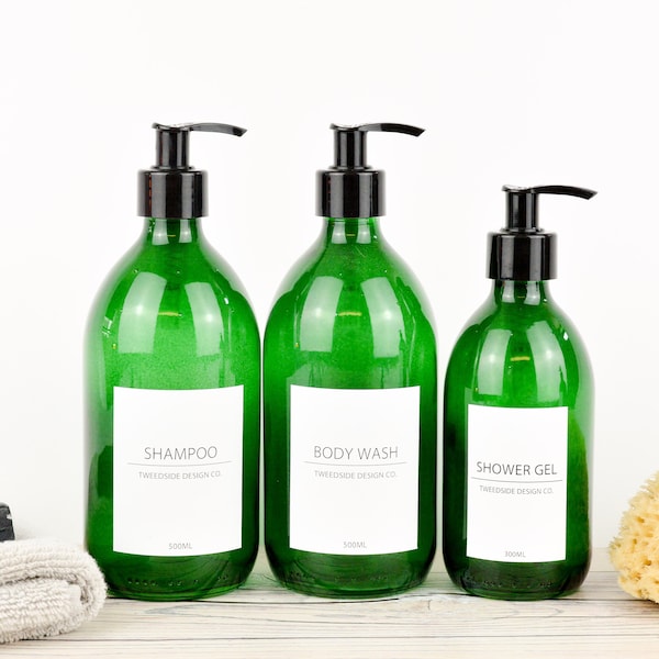 White Label Collection GLASS 300ml/500ml Bottle Green Reusable Lotion Pump Bottles I Toiletries, Shampoo, Conditioner, Body Wash