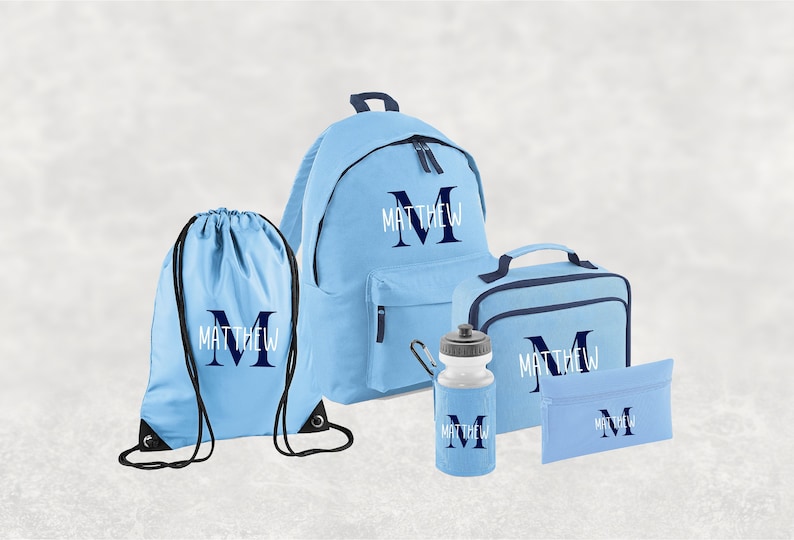 Conjunto personalizado de regreso a la escuela I Mochila con nombre personalizado para niños, niños y niñas, mochila esencial de regreso a la escuela, botella de agua, PE Light Blue