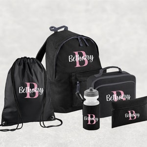 Conjunto personalizado de regreso a la escuela I Mochila con nombre personalizado para niños, niños y niñas, mochila esencial de regreso a la escuela, botella de agua, PE Black