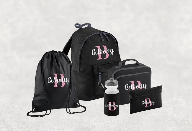 Conjunto personalizado de regreso a la escuela I Mochila con nombre personalizado para niños, niños y niñas, mochila esencial de regreso a la escuela, botella de agua, PE Black