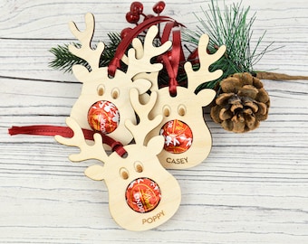 Personalised Lindt Lindor Reindeer Christmas Decorations I Chocolate Holder, Tree Baubles, Present Tags, Table Place Name, Stocking Filler