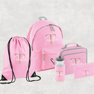 Conjunto personalizado de regreso a la escuela I Mochila con nombre personalizado para niños, niños y niñas, mochila esencial de regreso a la escuela, botella de agua, PE Baby Pink