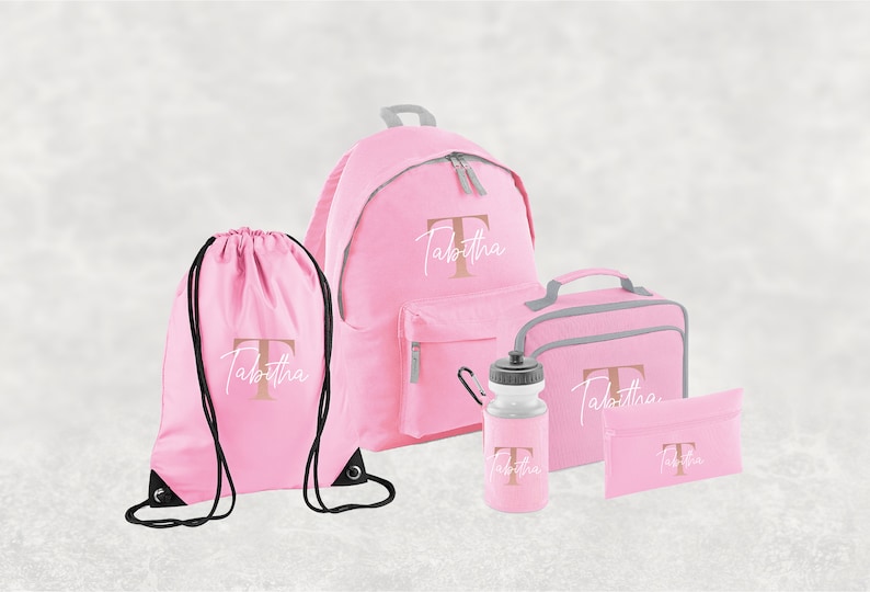 Conjunto personalizado de regreso a la escuela I Mochila con nombre personalizado para niños, niños y niñas, mochila esencial de regreso a la escuela, botella de agua, PE Baby Pink