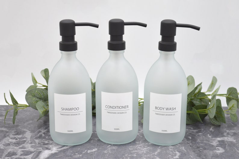 Collezione White Label 300 ml/500 ml/1 L FROST Flacone riutilizzabile per lozione in vetro con pompa I Articoli da toeletta, shampoo, balsamo, bagnoschiuma, flacone con pompa Black Matte Steel