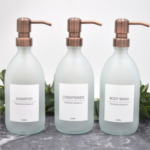 Collezione White Label 300 ml/500 ml/1 L FROST Flacone riutilizzabile per lozione in vetro con pompa I Articoli da toeletta, shampoo, balsamo, bagnoschiuma, flacone con pompa Brushed Copper Steel