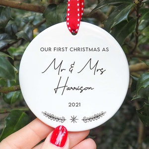 Personalised First Christmas as Mr and Mrs Ceramic Ornament I Wedding Ornament Keepsake, Mr & Mrs Gift, 1st Bauble image 1