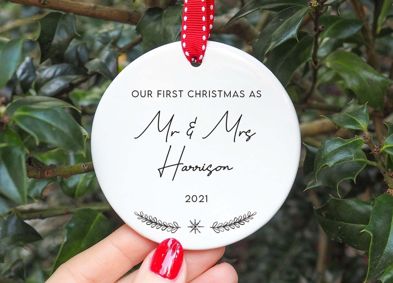 Personalised First Christmas as Mr and Mrs Ceramic Ornament I Wedding Ornament Keepsake, Mr & Mrs Gift, 1st Bauble image 1