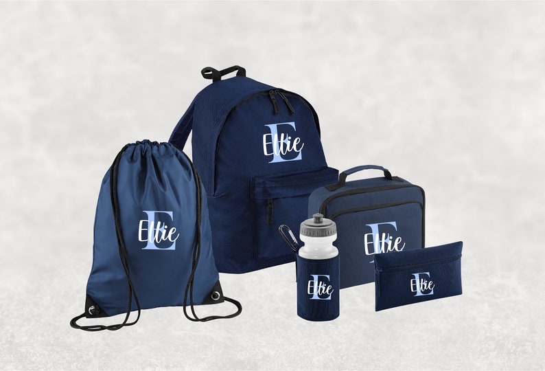 Conjunto personalizado de regreso a la escuela I Mochila con nombre personalizado para niños, niños y niñas, mochila esencial de regreso a la escuela, botella de agua, PE Navy