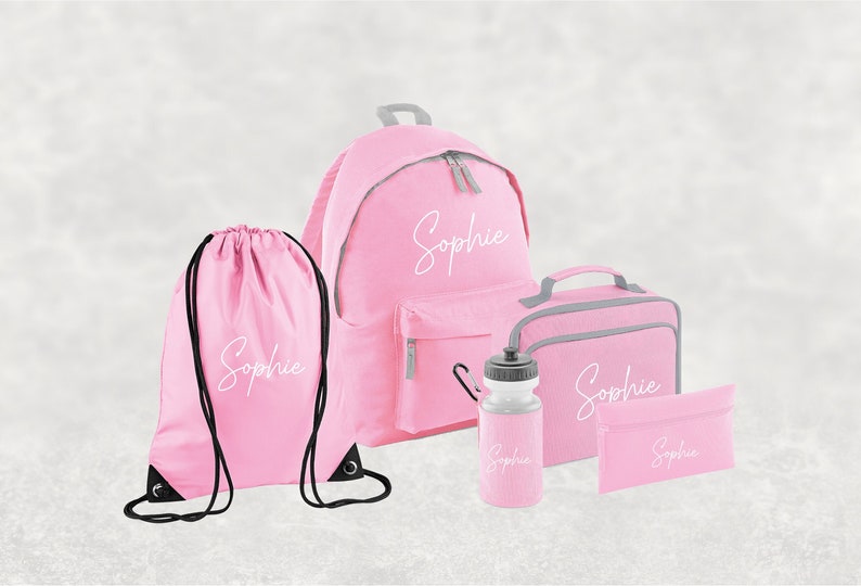Conjunto personalizado de regreso a la escuela I Mochila con nombre personalizado para niños, niños y niñas, mochila esencial de regreso a la escuela, botella de agua, PE Baby Pink