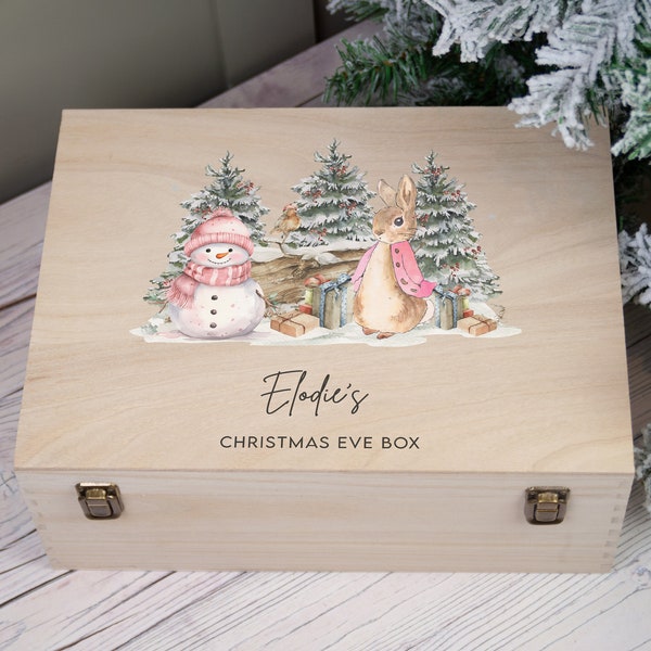 Personalised Natural Wooden Rabbit Christmas Eve Box I Wooden Christmas Eve Box, Traditional Rustic Engraved, Family, Animals