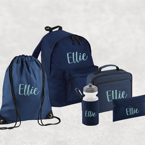 Conjunto personalizado de regreso a la escuela I Mochila con nombre personalizado para niños, niños y niñas, mochila esencial de regreso a la escuela, botella de agua, PE Navy