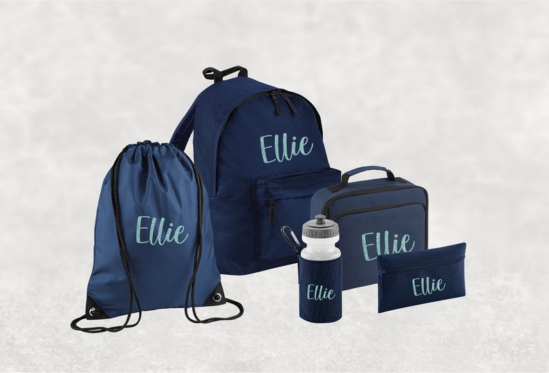 Conjunto personalizado de regreso a la escuela I Mochila con nombre personalizado para niños, niños y niñas, mochila esencial de regreso a la escuela, botella de agua, PE Navy