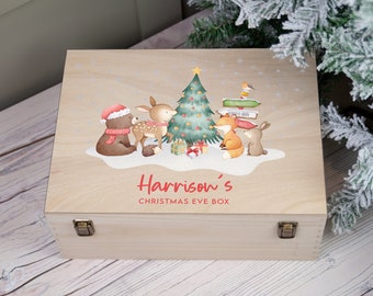 Personalised Natural Wooden Woodland Animals Christmas Eve Box I Wooden Christmas Eve Box, Traditional Rustic Engraved, Family, Animals