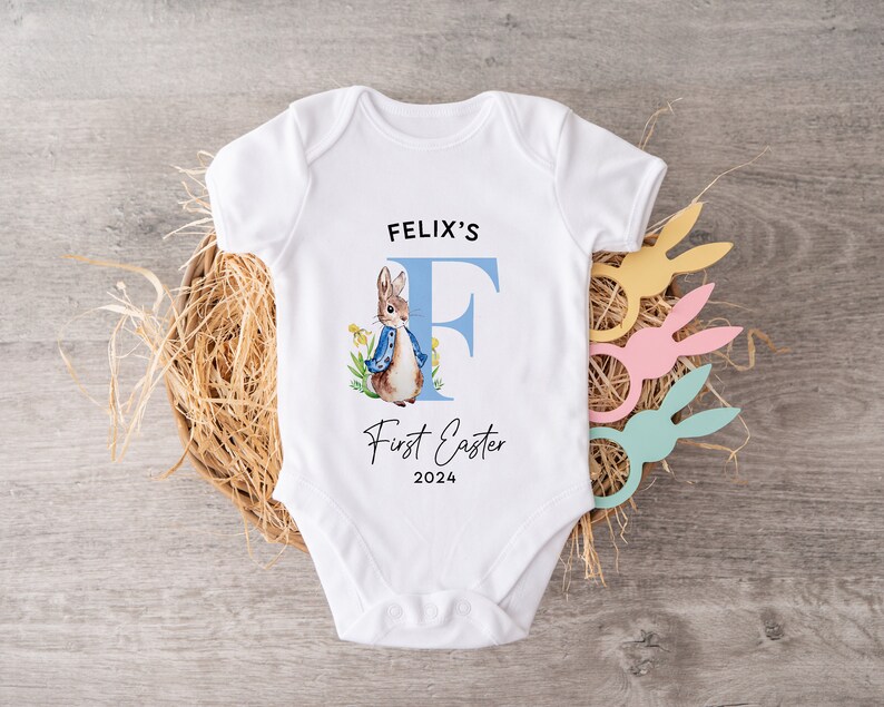 Personalised Rabbit First Easter Baby Grow I My First Easter, Easter Outfit, Easter Baby Grow, Bodysuit, Personalised Outfit image 3