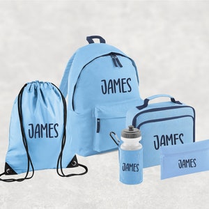 Conjunto personalizado de regreso a la escuela I Mochila con nombre personalizado para niños, niños y niñas, mochila esencial de regreso a la escuela, botella de agua, PE Light Blue