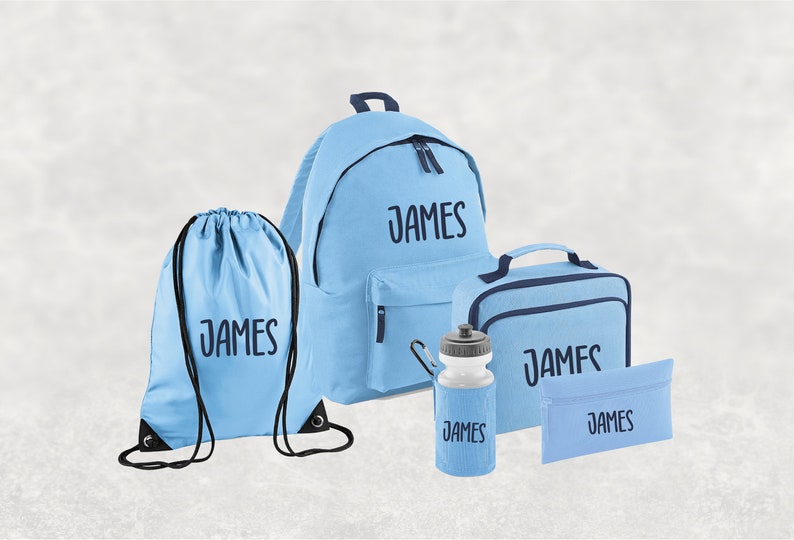 Conjunto personalizado de regreso a la escuela I Mochila con nombre personalizado para niños, niños y niñas, mochila esencial de regreso a la escuela, botella de agua, PE Light Blue