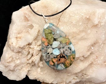 Petosky Stone Orgonite Pendant: Handmade Larimar & Yooperlite Necklace