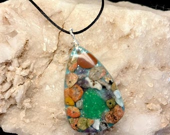 Orgonite Pendant: Amethyst, Unakite, Larimar, Sea Glass, Lake Michigan Stones (Adjustable Cord)