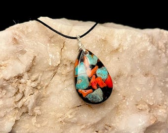 Southwest Style Orgonite Pendant Necklace-Small/Navajo Beads/Red Coral/Turquoise/Handmade/USA