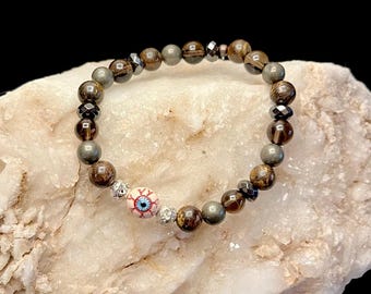 Evil Eye Bronzite Bracelet: Handmade Protection Jewelry