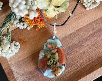 Orgonite Pendant: Amethyst, Unakite, Larimar, Lake Michigan Stones (Adjustable Cord)