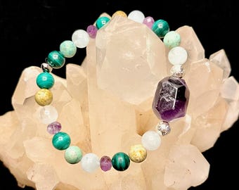 Quantum Quattro Beaded Bracelet: Amethyst, Malachite, Aquamarine