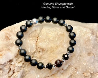 Genuine Shungite, Sterling Silver and Black Tourmaline Beaded Bracelet 8mm/Powerful 5G/EMF Protection/Tested For Authenticity