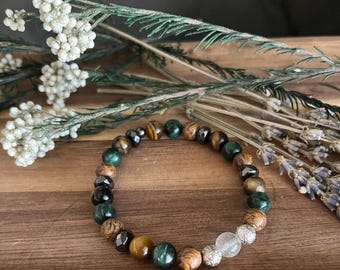 Libyan Desert Glass Life Purpose Beaded Bracelet: Hematite/Tiger's Eye/Calligraphy Stone/Fuchsite/Handmade