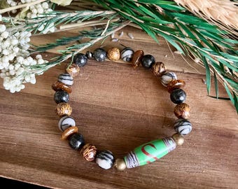 Prevent Negative Events or Jinxes Bracelet: With Indonesian Glass, Jasper and Astropholite Calligraphy Stone.