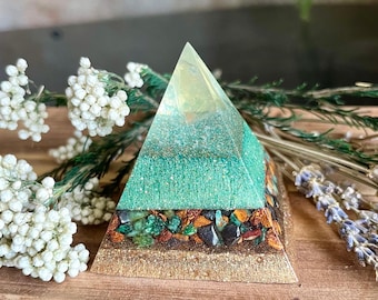 Small Orgonite Libyan Desert Glass Pyramid with Fuchsite Crystal Pyramid/EMF Protection/Life Purpose/ Handmade/USA