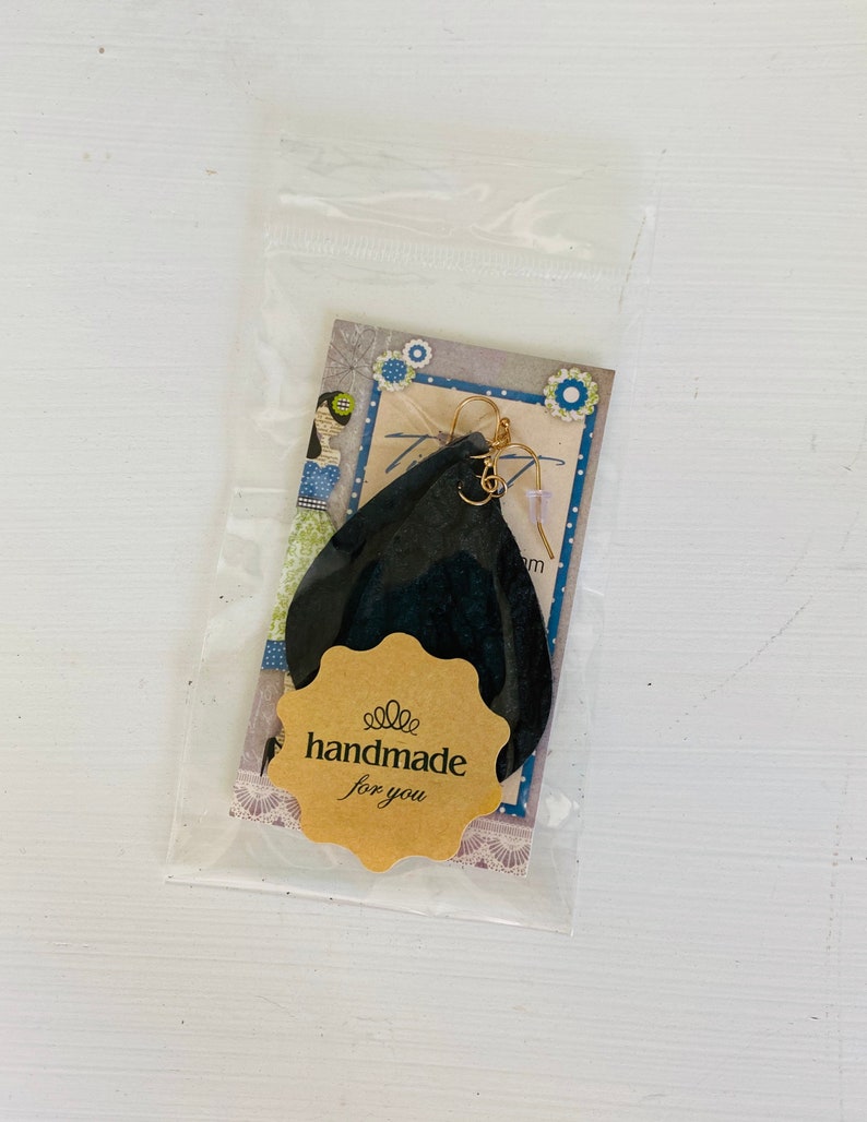 Fast Shipping Made in the USA Black Leather Teardrop Earrings With Bark Pattern Teacher Gift | Nature Inspired