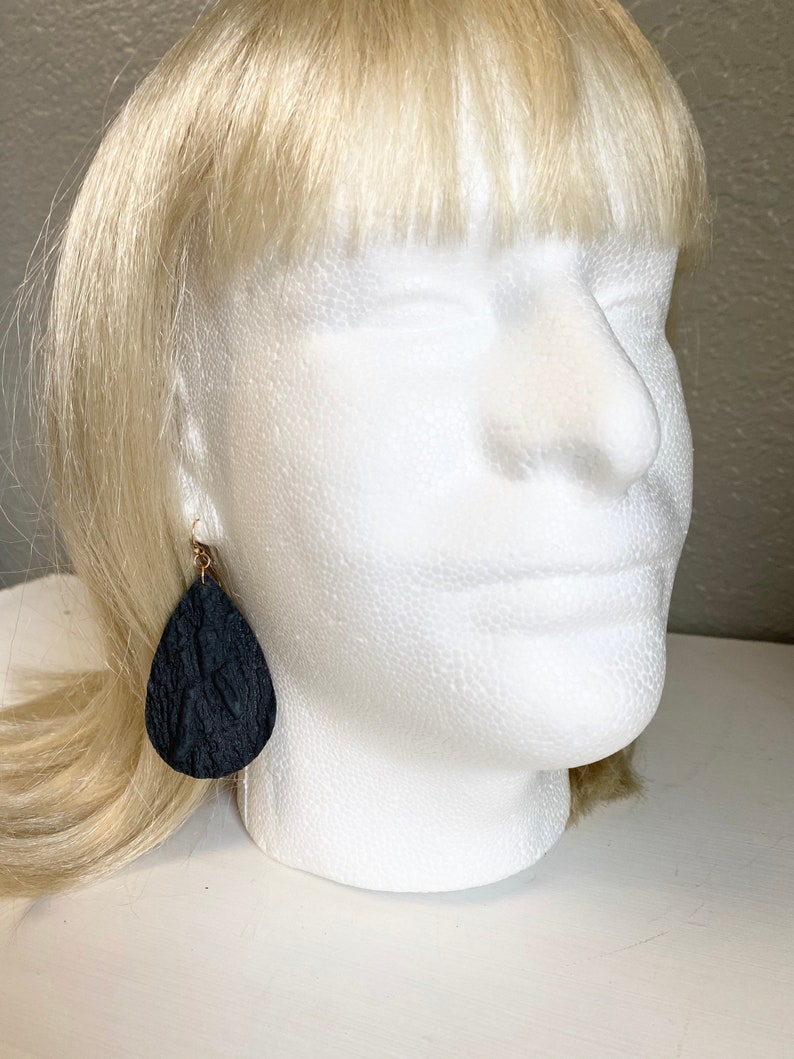 Fast Shipping Made in the USA Black Leather Teardrop Earrings With Bark Pattern Teacher Gift | Nature Inspired