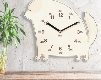 Kids Wall Clock - Silent Nursery Wall Clock - Modern Wooden Clock - Home Decor - Baby Shower, Newborn Gift - Cute Designs - Pomeranian