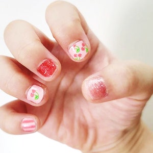 Cherry Nail Wraps for Kids | 30 Nail Stickers with Nail File | Birthday Party Favors | Kids Mani Safe & Long-Lasting | 3-6 yo