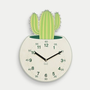 Kids Wall Clock - Silent Nursery Wall Clock -Baby Room Wooden Clock - Home Decor - Baby Shower, Newborn Gift - Cute Designs - Green Cactus