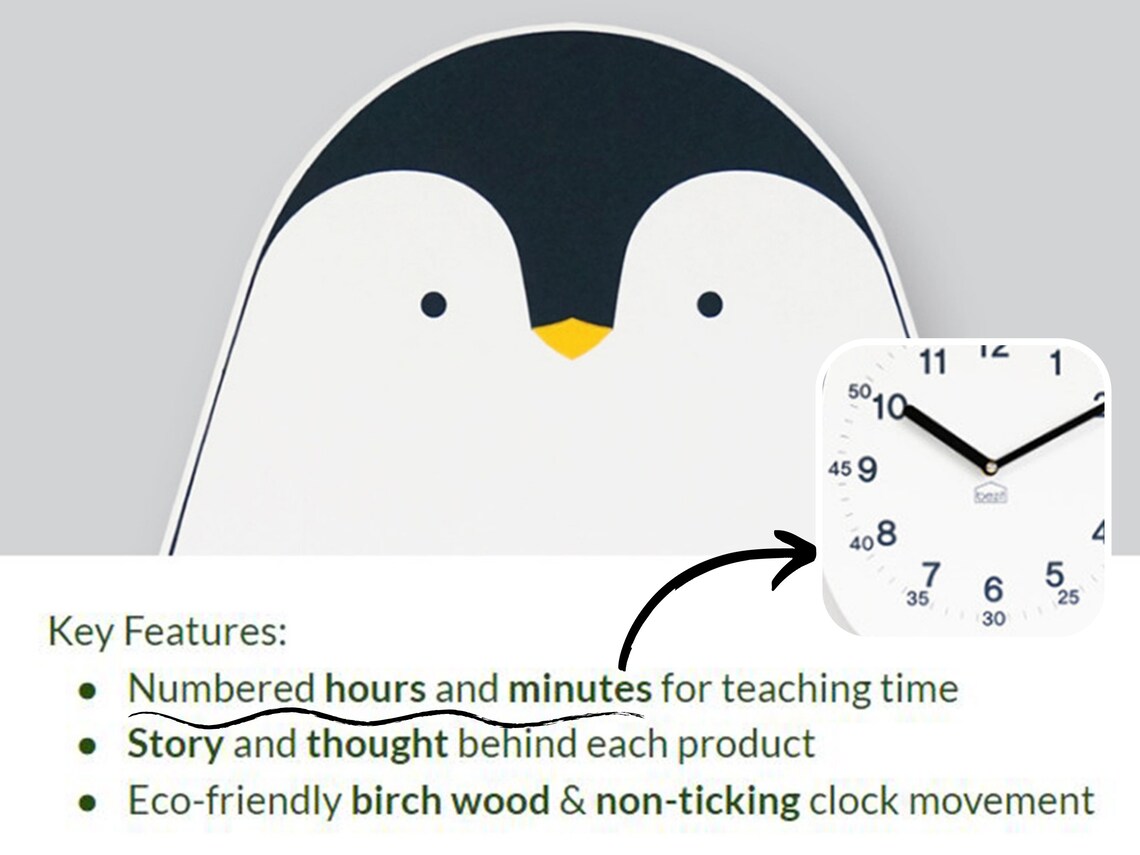 Children's Penguin Wall Clock Silent Wooden Animal Etsy België