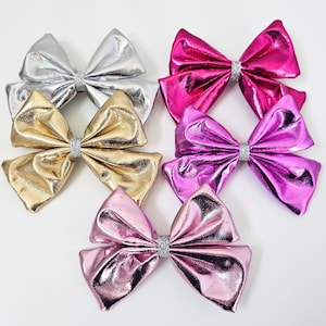 Fiocchi metallizzati lucidi con clip da 4" con dettagli glitterati, fiocco per capelli argento metallizzato, oro, rosa, fiocco da cheerleader, fiocco per capelli scintillante e fantasioso per ragazze