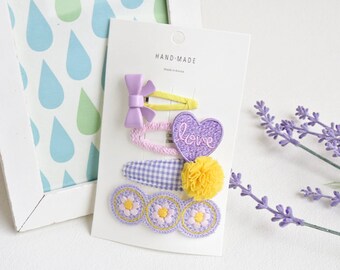 Lieve lavendel haarclip set van 4, volledig gevoerd Lila paars peuter haarclip, schattige meisje clip, meisje haartoebehoren, stof gehaakte Boho stijl