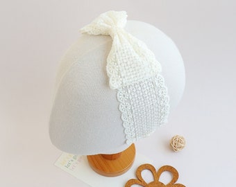 Ivory Lace Bow Headband for Baby 6 Months to 3 Years, Cute Headband for Baby Baptism Christening, Toddler, Newborn Gift, Photo Shoot Prop