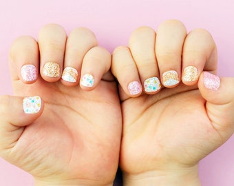 Glitter Coral Nail Wraps for Kids | 30 Nail Stickers with Nail File | Birthday Party Favors | Kids Mani Safe & Long-Lasting | 3-5 yo