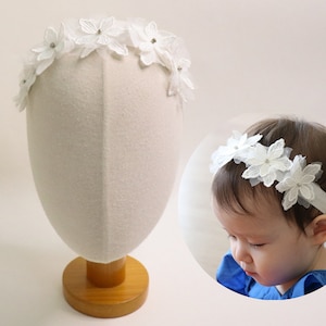 White Lace Flower Baby Headband, Soft Elastic Floral Headband for Baby Baptism, Christening, Newborn Infant Toddler Girl Halo